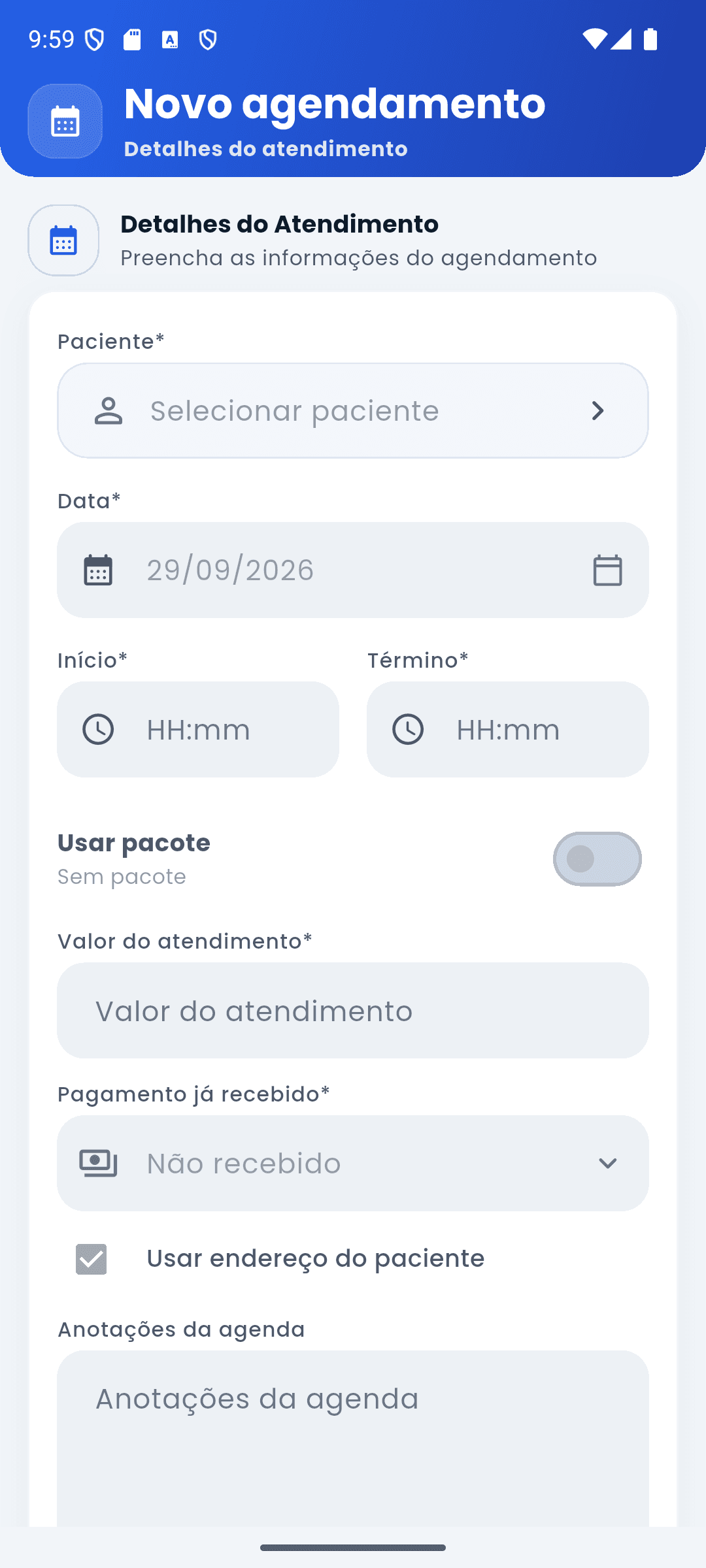 Formulário vazio de novo agendamento no Kineti, com paciente, data, horário e valor do atendimento