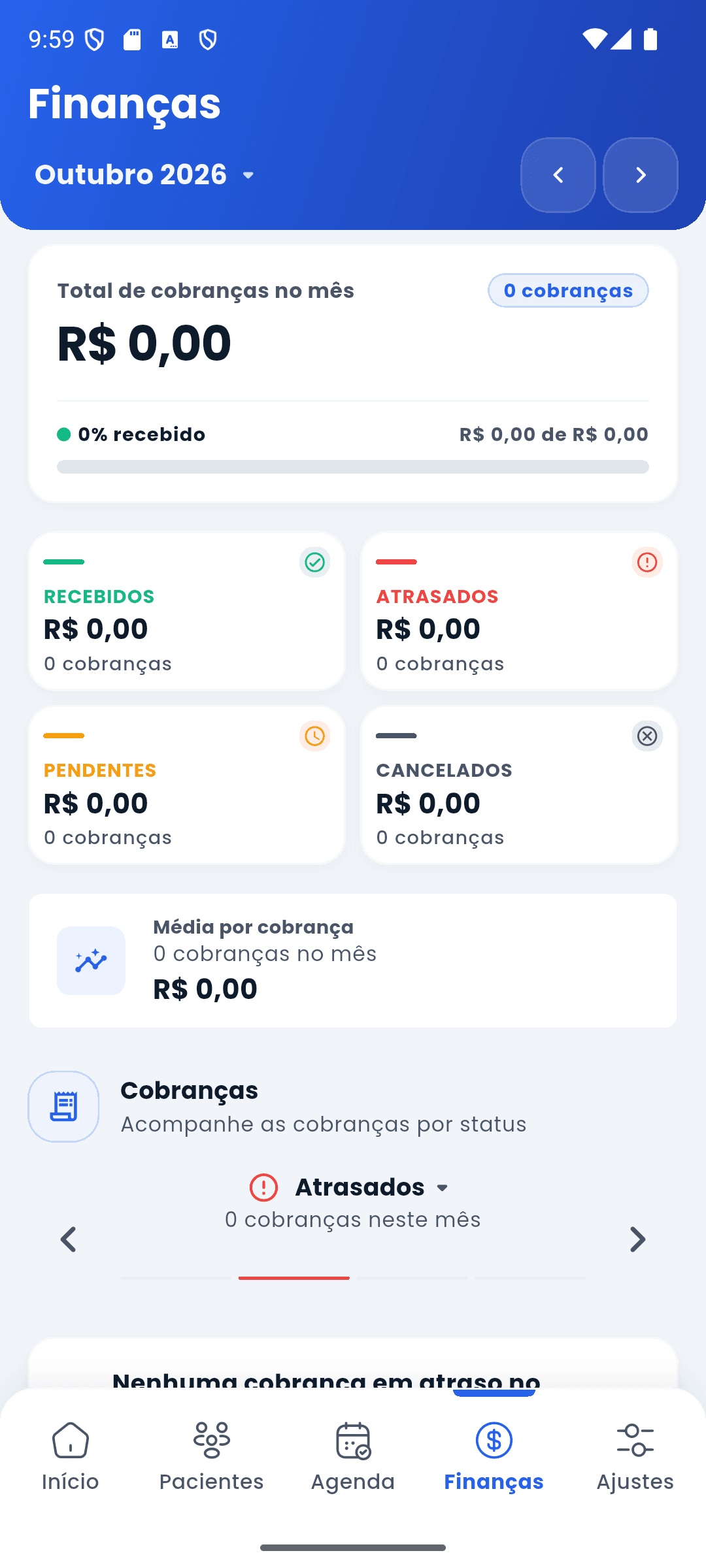 Tela de Finanças do Kineti em um mês sem cobranças, com resumo de recebidos, atrasados, pendentes e cancelados