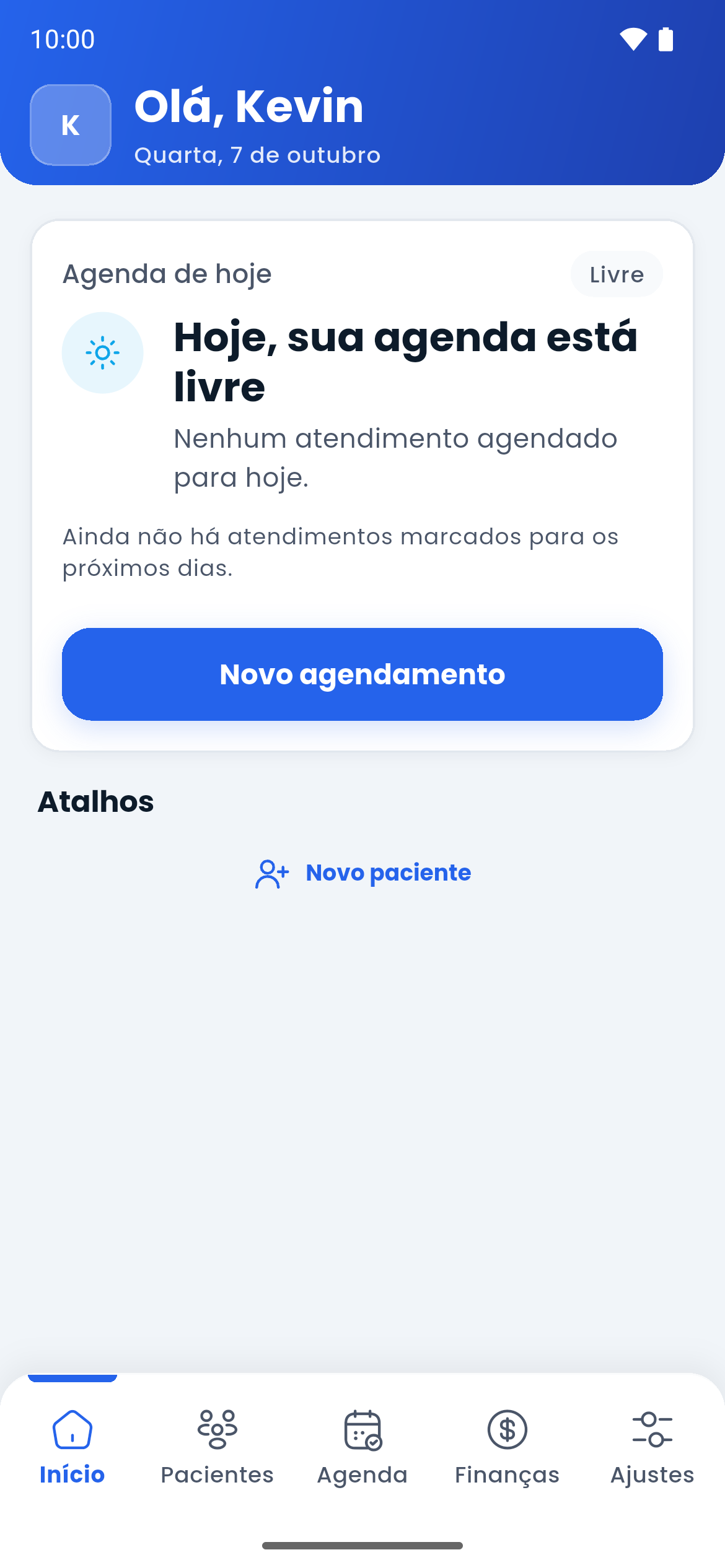 Home do Kineti em um dia sem atendimentos, com o aviso de agenda livre e o botão Novo agendamento