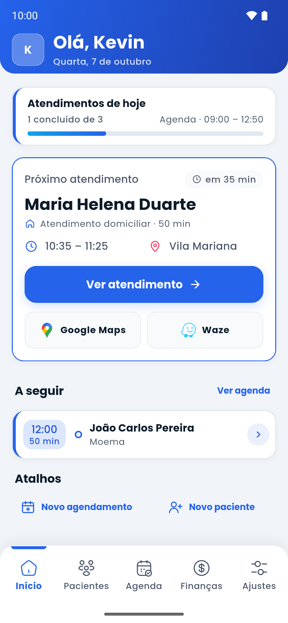Home do Kineti com progresso do dia, próximo atendimento de Maria Helena Duarte às 10:35, atalhos para Google Maps e Waze e dados fictícios