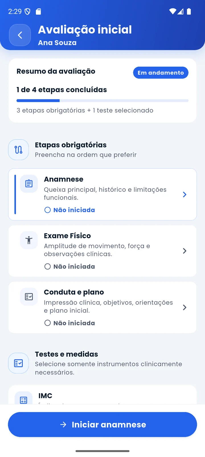 Avaliação inicial real do Kineti com anamnese, exame físico, conduta e teste clínico